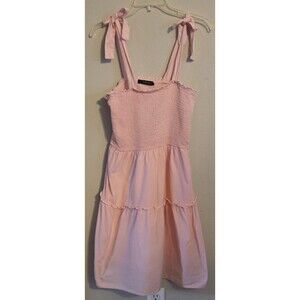 Zesica Smocked Dress Womens Medium Pink Tie Shoulder Sleeveless‎ Midi Sundress